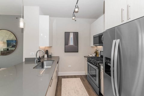 a kitchen with stainless steel appliances and a sink at The Elle Apartments, Chicago, 60605